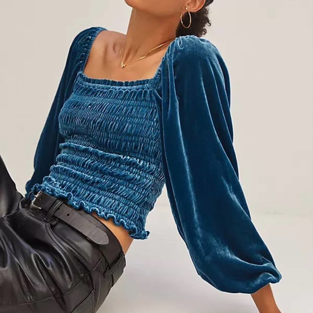 Anthropologie Teal Blue Velvet Smocked Puff-Sleeve Top